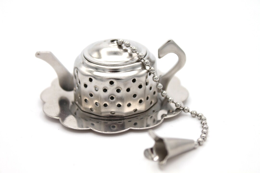 Harrods Mini Teapot Shaped Chrome Tea Infuser With Chain and Drip Tray