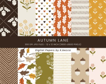 May include: Set of 12 digital papers featuring autumn-themed patterns. The patterns include acorns, leaves, hearts, flowers, and geometric designs in brown, orange, yellow, green, and white.