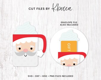 May include: A digital design featuring a Santa-themed mug and a gift card holder. The mug has a red hat and handle, a white beard, and a whipped cream topping. The gift card holder is in a circular design. Text includes "CUT FILES BY Kbecca" and "ENVELOPE FILE ALSO INLCUDED."