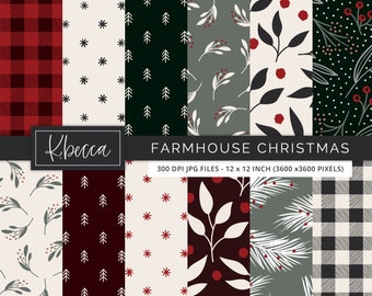 Farmhouse Christmas Digital Papers, Christmas Digital Paper, Farmhouse Digital Papers, Christmas Digital Backgrounds, Commercial Use