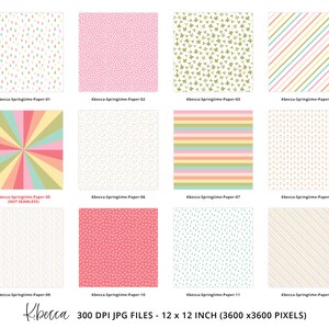 May include: Twelve digital paper designs in a pastel color palette with various patterns including polka dots, stripes, stars, and raindrops. The papers are 300 DPI JPG files and measure 12 inches by 12 inches.