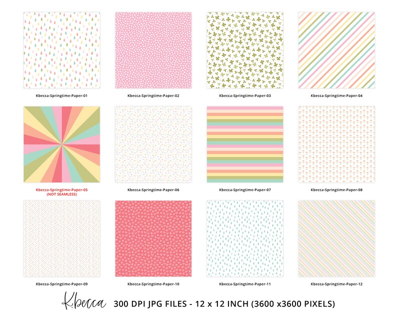 May include: Twelve digital paper designs in a pastel color palette with various patterns including polka dots, stripes, stars, and raindrops. The papers are 300 DPI JPG files and measure 12 inches by 12 inches.