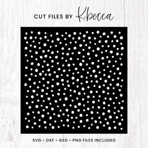 Puede incluir: Diseño digital en blanco y negro con un patrón repetitivo de círculos blancos sobre un fondo negro. El diseño está etiquetado como "CUT FILES BY Kbecca" y "SVG - DXF - GSD - PNG FILES INCLUDED".