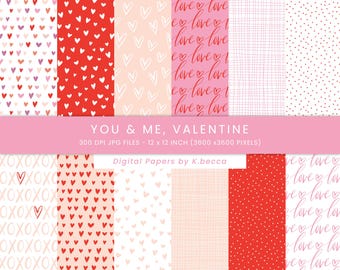 Valentine Seamless Digital Papers, Valentine's Day Backgrounds, Hearts Scrapbook Paper, Valentine Digital Paper, Red & Pink, Commercial Use