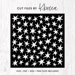 May include: Black and white digital design featuring a repeating pattern of white stars on a black background. The design is labeled "CUT FILES BY Kbecca" and "SVG - DXF - GSD - PNG FILES INCLUDED".