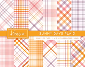 Spring Plaid Digital Paper, Orange Pink Yellow Seamless Plaid Digital Paper, Summer Plaid Patterns, Commercial Use Plaid Digital Papers
