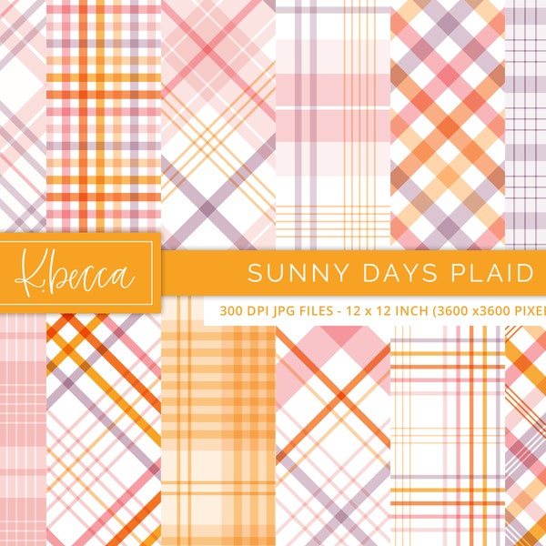 Spring Plaid Digital Paper, Orange Pink Yellow Seamless Plaid Digital Paper, Summer Plaid Patterns, Commercial Use Plaid Digital Papers