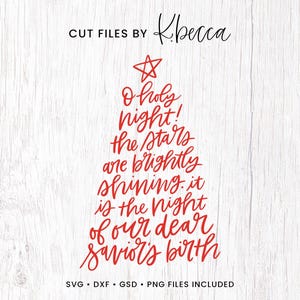 May include: Red text on a white wood background in the shape of a Christmas tree. The text reads "O holy night! The stars are brightly shining. It is the night of our dear Savior's birth".