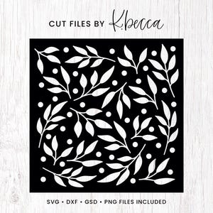 May include: Black and white digital cut file design featuring a repeating pattern of stylized leaves and dots. The design is labeled "CUT FILES BY Kbecca" and "SVG - DXF - GSD - PNG FILES INCLUDED".