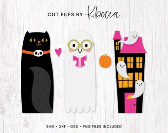 Marque-pages Halloween SVG, marque-page fichiers, chat, fantôme de lecture de livre, maison hantée, marque-page Halloween PNG, impression coupe, usage Commercial