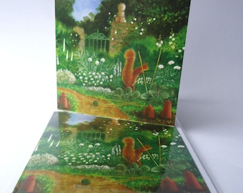 Single Greetings Card of an original Animal painting: "Staking Out in the White Garden"