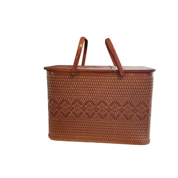 Vintage Redmon Wicker and Wood Woven Picnic Basket, Burlington Basket Co