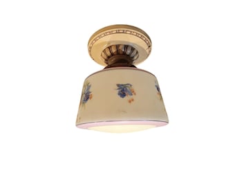 1920's Antique Hand Painted Floral Glass Shade Art Deco Flush Mount Brass Light Fixture