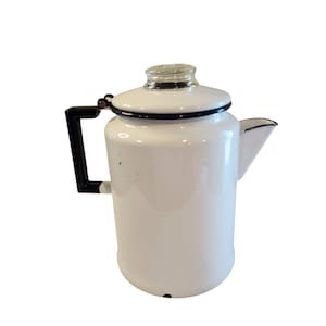 Enamel Coffee Pot Hinged Lid Glass Knob White With Black Trim Has Guts