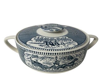 Vintage Royal Currier & Ives Covered Casserole Dish 1.25 Qt Blue Ironstone Scene