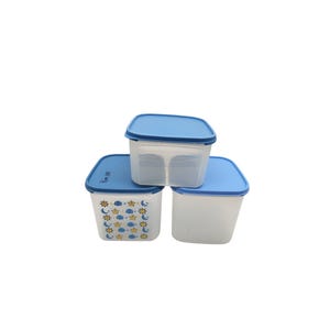 May include: Three clear plastic food storage containers with blue lids. One container has a design of moons, stars, and clouds. The containers are square and stacked on top of each other.