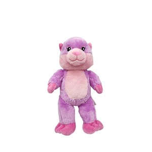 May include: A plush otter toy in shades of purple and pink. The toy has a light pink face, belly, and feet, with darker purple fur on the body and head. It has small, dark eyes and a pink nose, and is standing upright.