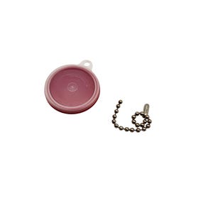 May include: A red plastic lid with a clear plastic loop and a silver chain with a small silver hook.