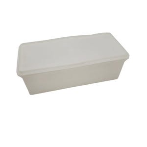 May include: A rectangular, off-white plastic container with a matching lid. The container has rounded corners and a smooth surface. The lid fits snugly on top, creating a sealed storage space. The container is designed for food storage.