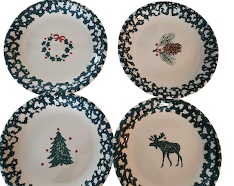 Folk Craft Holiday Pines Tienshan Dessert Xmas Plates Pine Cone Wreath Moose