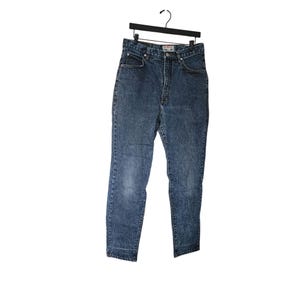May include: Blue denim jeans with a high waist, hanging from a black hanger. The jeans have a classic five-pocket design and a straight leg. The denim has a faded, worn look.