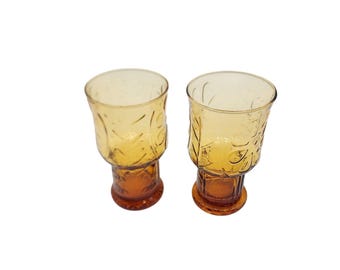 Vintage Libbey Country Garden Daisy Glasses 70s Amber Colored Glass Set of 2