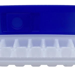 May include: A white plastic ice cube tray with a blue lid. The tray is rectangular with 12 individual cube compartments. The lid is open, revealing the interior of the tray. The design is simple and functional, suitable for home use.