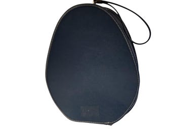 Vintage Navy Blue Leather Teardrop Carrying Case With Zipper & Wrist Strap