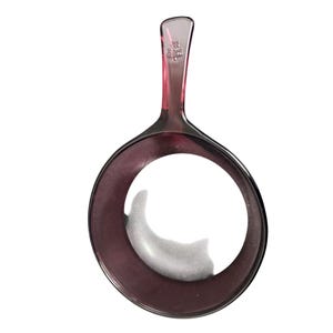 May include: A purple glass strainer with a handle. The strainer has a round shape with a hole in the center. The handle is attached to the top of the strainer.