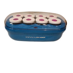 May include: A blue Infiniti Pro by Conair hair setter case with a clear plastic lid. The unit contains eight round hair rollers, each featuring a white exterior and a purple center. The brand name is printed in white text on the front of the case.