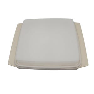May include: A square, off-white, plastic food container with a lid. The container has a slightly rounded shape and a light beige base. The lid is a lighter shade of white and fits snugly on top. The container is empty.