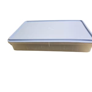 May include: A light blue plastic rectangular storage container with a lid. The container is empty.