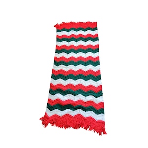 Christmas Themed Crochet Chevron Pattern Afghan With Red Fringe Edges