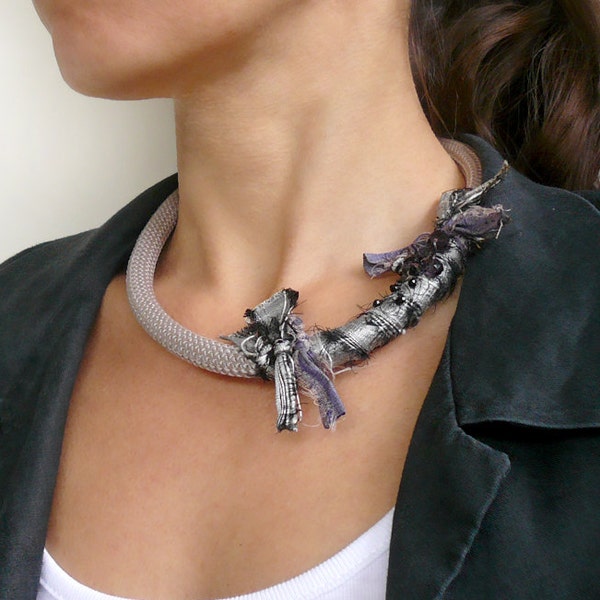 Silver rope necklace, Choker necklace, Chunky silk necklace, Statement necklace, Bohemian necklace, Hippie necklace, READY TO SHIP