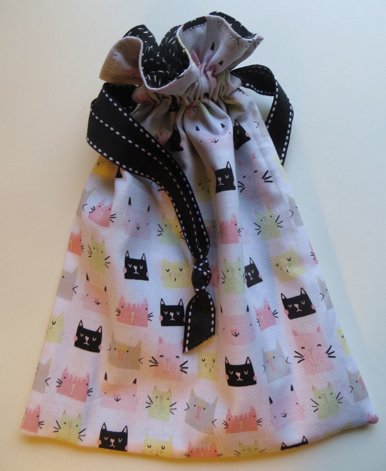 Kitty Cats and Dashes Lined Drawstring Fabric Gift Bags