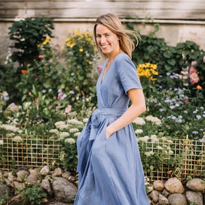 リスボンドレス - ラップドレス - リネンドレス - ロマンティックドレス - ワイドスカートドレス - リネン服 - サマードレス - ロングブルードレス - レディースドレス