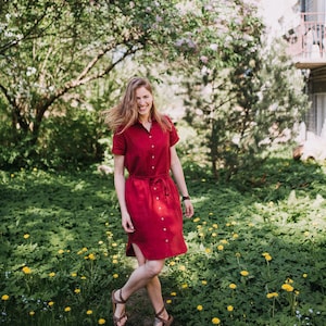 Roma Dress - Linen Shirtdress - Loose Fit Shirt - Linen Dress - Burgundy Dress - Short Sleeve Linen Tunic - Maternity Dress - Summer Dress