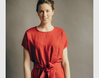 Katmandu Kleid - rote Leinen Kleid - lose Fit Leinen Kleid - übergroße Tunika - Kurzarm-Kleid - Kleid mit Gürtel - Leinen Sommerkleid