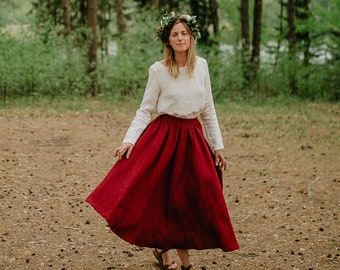 Praag Rok - Wide Linen Skirt - Bruidsmeisje Rok - Bruiloft Rok - Romantische Rok - Linnen Kleding - Rode Linnen Rok - Vrouwen Linnen Rok