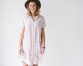 Roma Dress - Linen Shirtdress - Loose Fit Dress - Women Linen Dress - Pink Linen Dress - Linen Tunic - Maternity Dress - Short Sleeve Tunic