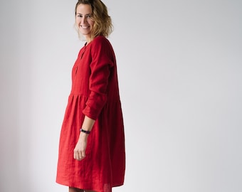 Robe Rio - Robe Rouge - Robe en lin - Robe de maternité - Vêtements en lin - Robe à manches longues - Robe Ample Fit - Robe classique - Robe romantique
