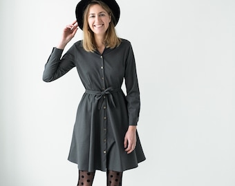 New York Dress - Wool Dress - Grey Dress - Wide Skirt Dress - Long Sleeve Dress - Dress - Short Wool Dress - Classic Dress - Romantic Dress