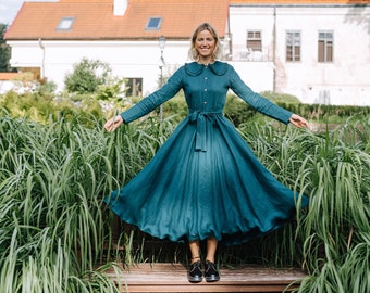 Orion Kleid, Leinen Frauen Kleid, Leinen Kleid mit Kragen, Weihnachten Leinen Kleid, Leinen Kleid in Petrol Farbe, Romantisches Langes Leinen Kleid