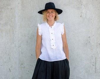 Dahlia Top, White Linen Top, Women Linen Top, Linen White Blouse, Top with Ruffles, Linen T Shirt, Summer Linen Top, Classic Linen Top