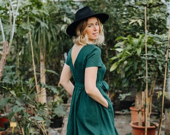 Helena Dress Green Linen Dress V Back Linen Dress Wide Skirt Linen Dress  Bridesmaids Linen Dress Wedding Linen Dress Summer Dress - Etsy Israel