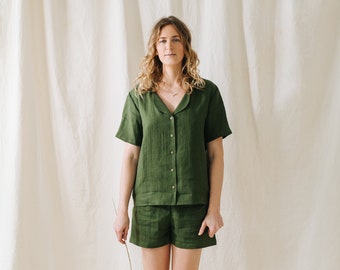 Lima Schlafanzug, Leinen Pyjama, Leinen Pyjama, Damen Pyjama, Leinen Nachtwäsche, Hauskleidung, Damen Kleidung, Leinen Shorts, Leinen Top Frauen