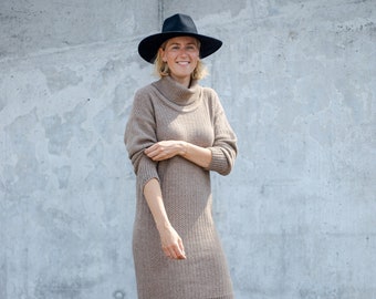 Utah Dress, Alpaca Wool Soft Dress, Knitted Brown Dress, Winter Wool Dress, Long Knitted Dress, Turtleneck Dress, Loose Fit Wool Dress