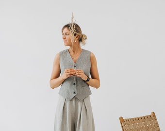 Gigi Vest, Women Classic Linen Vest, Linen Vest for Women, Striped Linen Vest, Linen Suit, Wide Linen Pants, Linen Clothes, Linen Top