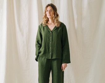 Pijama Kingston, Pijama de lino, Conjunto de lino de verano, Pijama de mujer, Ropa de dormir de lino, Ropa para el hogar, Pijama largo de lino, Pantalones de lino, Top de lino