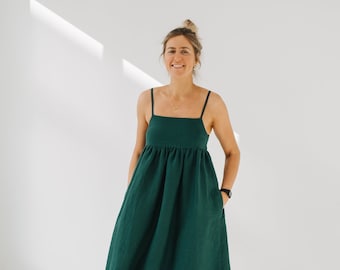 Aruba Dress, Wide Linen Summer Dress, Boho Green Linen Dress, Beach Cami Linen Dress, Bridesmaids Linen Dress, Beach Oversized Linen Dress